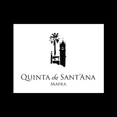 Logotipo a preto e branco da Quinta de Sant'Ana Mafra com torre, palmeira e texto