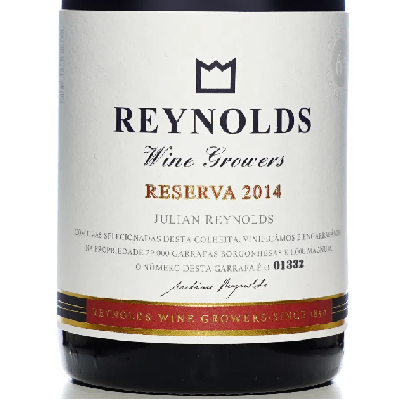 Rótulo de vinho Reynolds reserva 2014 com detalhes dourados e vermelhos