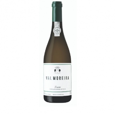 Garrafas de vinho branco Val Moreira com rótulo branco e tampa verde