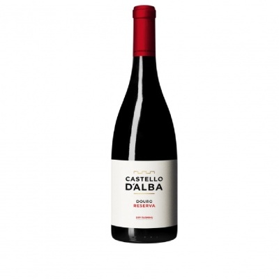 Garrafa de vinho Castello D'Alba com rótulo branco e cápsula vermelha