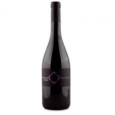 Garrafa de vinho tinto com rótulo preto e roxo