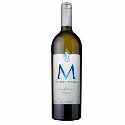 Garrafa de vinho branco com rótulo branco e texto azul 'M MALGUES-MANSANG'