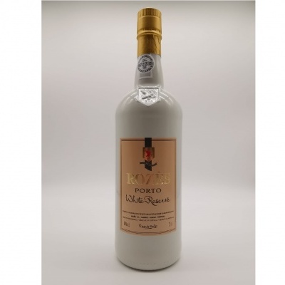 Garrafa de vidro branco com rótulo bege e texto preto