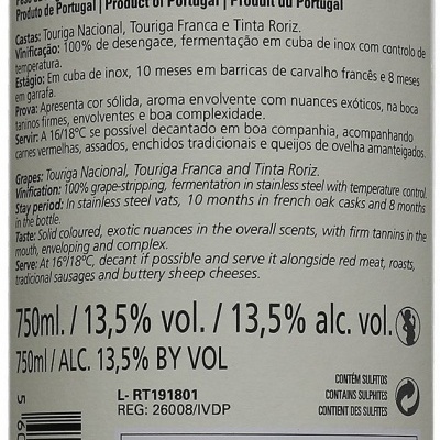 Rótulo vinho tinto Reserva Quinta Seara d'Ordens 2018 com descrição detalhada e selo garantia DOP Douro