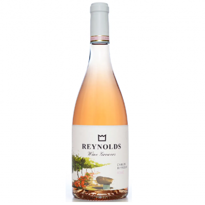 Garrafa de vinho rosé Reynolds com rótulo branco e ilustração colorida