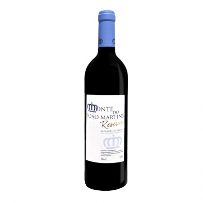 Garrafa de vinho tinto com rótulo branco e rolha azul