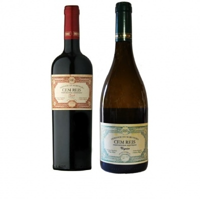 Duas garrafas de vinho, uma tinto e uma branco, com rótulos visíveis