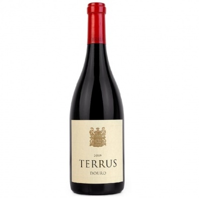 Garrafa de vinho Terrus com cápsula vermelha e etiqueta creme