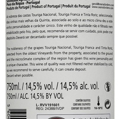 Etiqueta de vinho Quinta Seara d'Ordens 2016 Douro com informações detalhadas