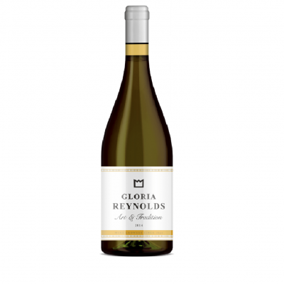 Garrafas de vinho branco Gloria Reynolds Chardonnay 2019 com tampa prateada.