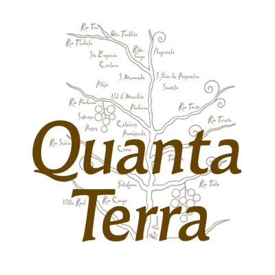 Logotipo Quanta Terra com desenho de videira e nomes de localidades