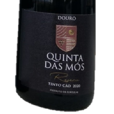 Garrafa de vinho tinto Quinta das Mós com rótulo preto e brasão