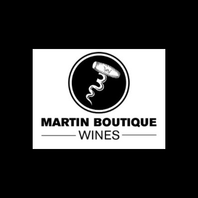 Logotipo preto e branco com rolha e saca-rolhas e texto MARTIN BOUTIQUE WINES