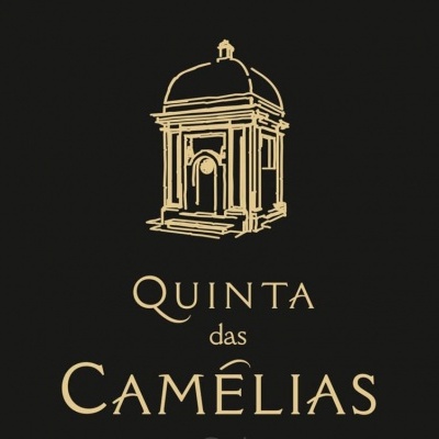 Logótipo dourado de construção com cúpula e texto Quinta das Camélias em fundo preto