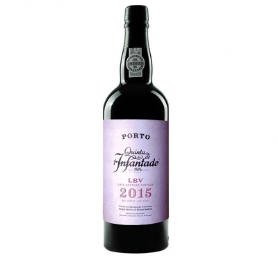 Garrafa de vinho do Porto com rótulo lilás e texto Quinta da Fafande LBV 2015