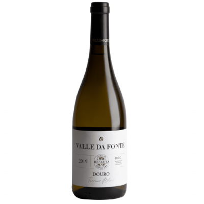 Garrafa de vinho branco Valle da Ponte 2019 Douro com rótulo branco e desenhos de folhas