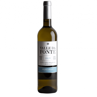 Garrafa de vinho branco Valle da Fonte 2019 com rótulo branco e tampa prateada