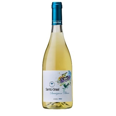 Garrafa de vinho branco Santo Graal Sauvignon Blanc com rótulo branco e tampa azul