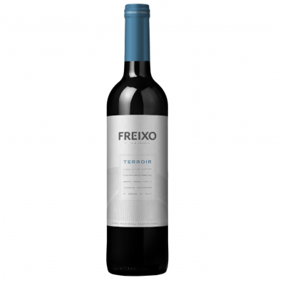Garrafa de vinho tinto FREIXO com rótulo branco e tampa azul