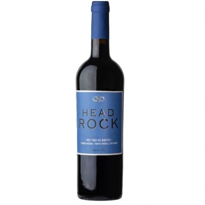 Garrafa de vinho tinto com rótulo azul HEAD ROCK