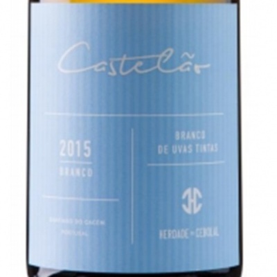 Rótulo azul de vinho Castelão 2015 branco com texto branco