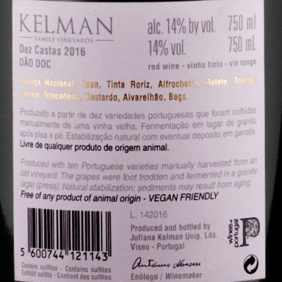 Etiqueta de vinho tinto KELMAN Dez Castas 2016, 14% vol, 750 ml, listado castas e VEGAN FRIENDLY