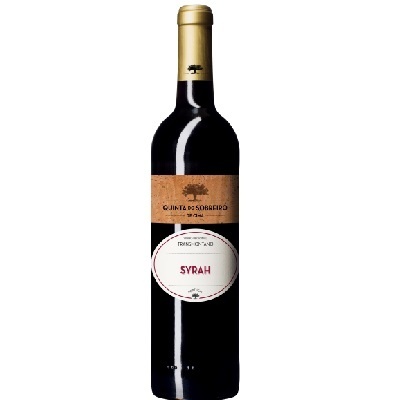 Garrafa de vinho tinto Quinta de Sobeiro Syrah com rótulos castanhos e brancos.