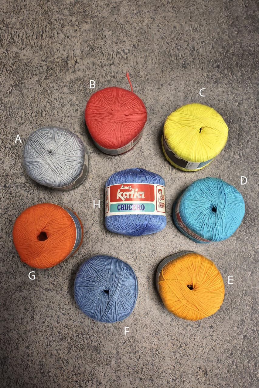 Oito novelos de linha coloridos etiquetados dispostos em círculo sobre superfície cinzenta.