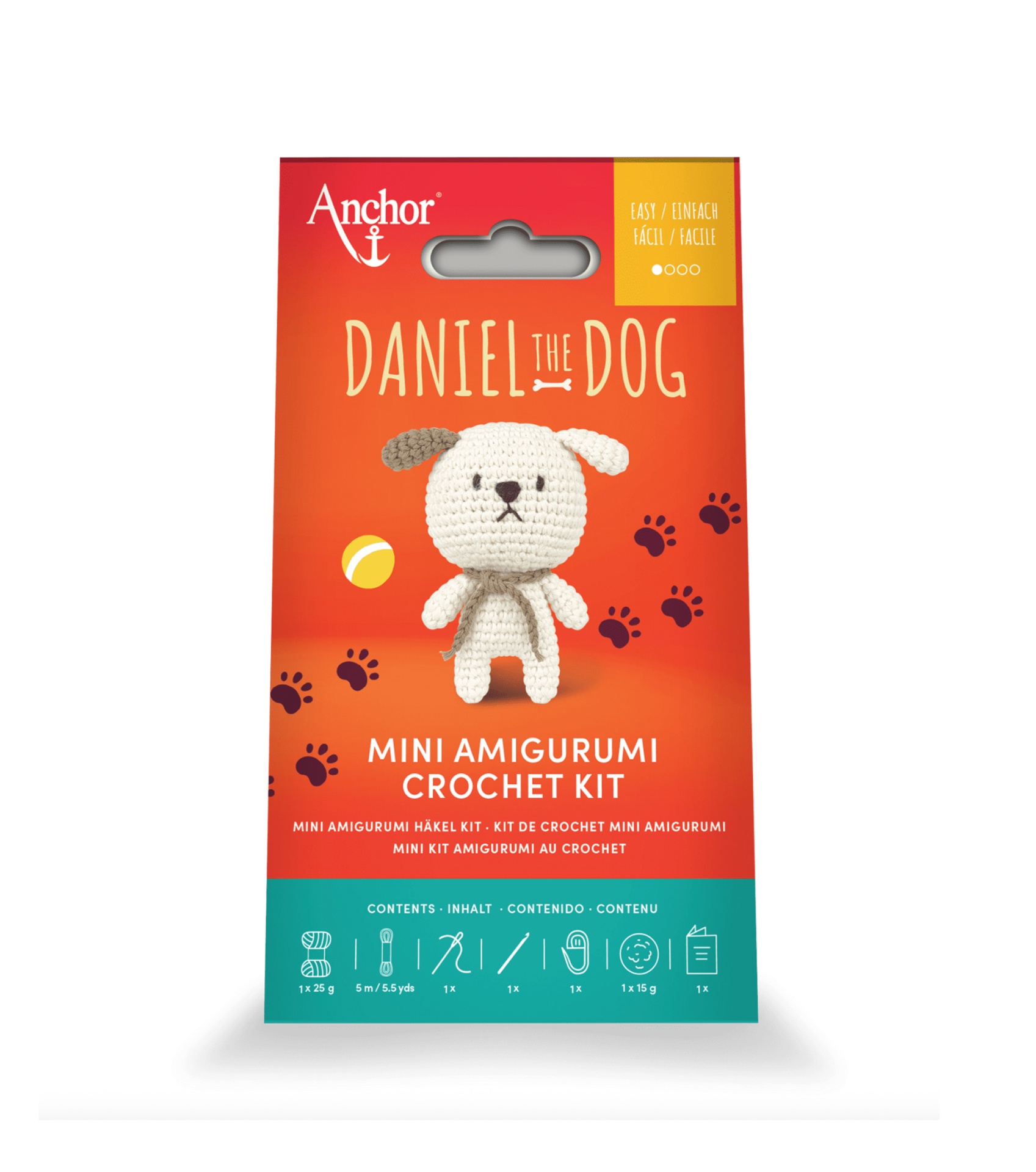 Embala de kit para crochet com boneco de cão amigurumi