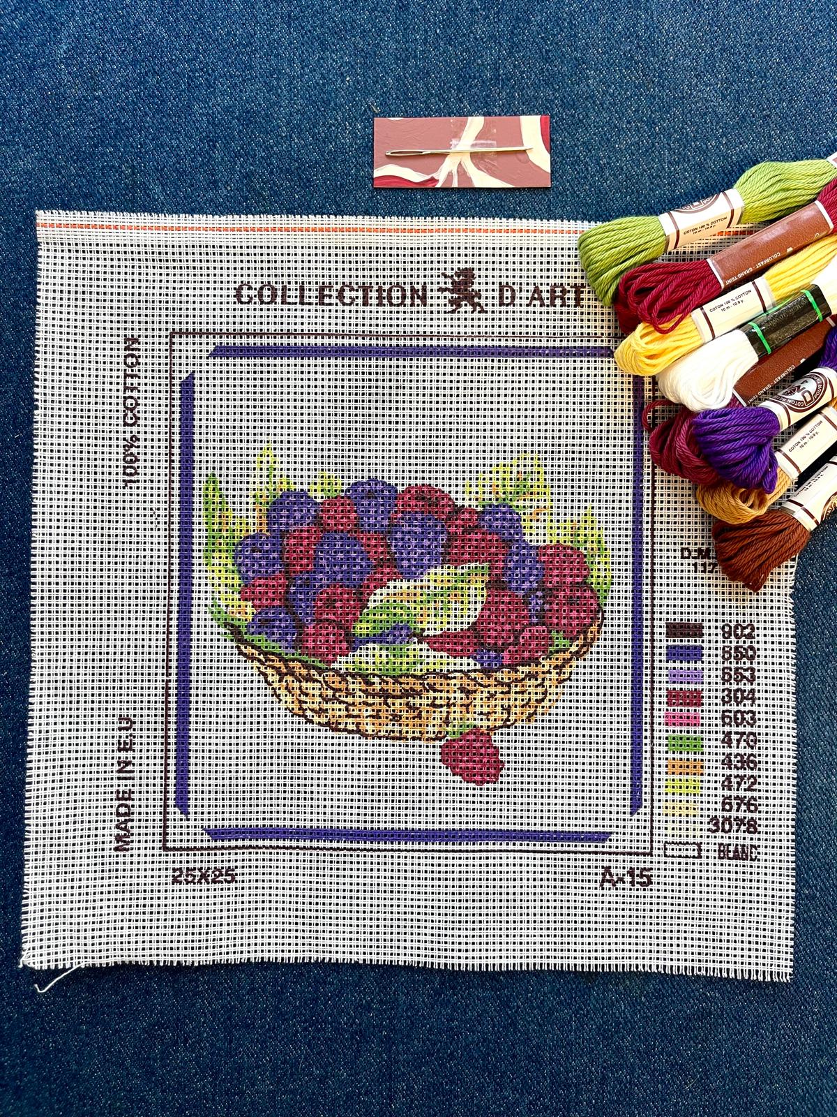 Tela para ponto de cruz com desenho de cesto de uvas e linhas coloridas