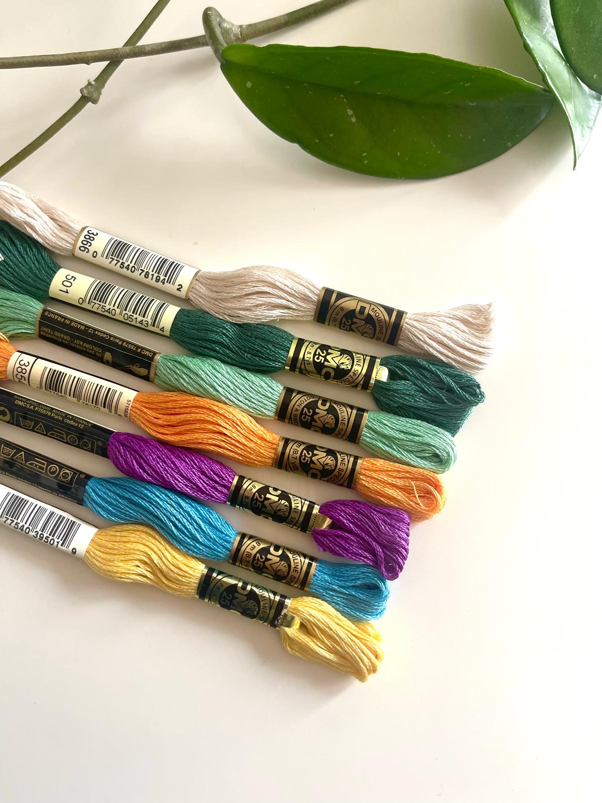 Novelos de linha mouliné coloridos sobre superfície branca com folhas verdes ao lado.