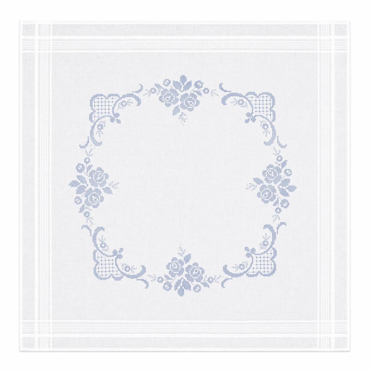 Guardanapo branco com bordado azul floral e padrão geométrico