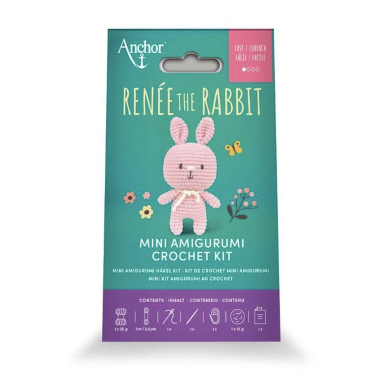 Embalagem com kit de crochet mini amigurumi coelho cor-de-rosa