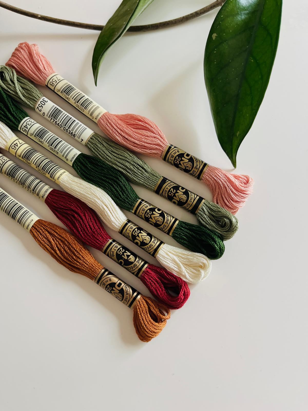 Novelos de fio mouliné DMC 25 de várias cores sobre mesa branca com folhas verdes