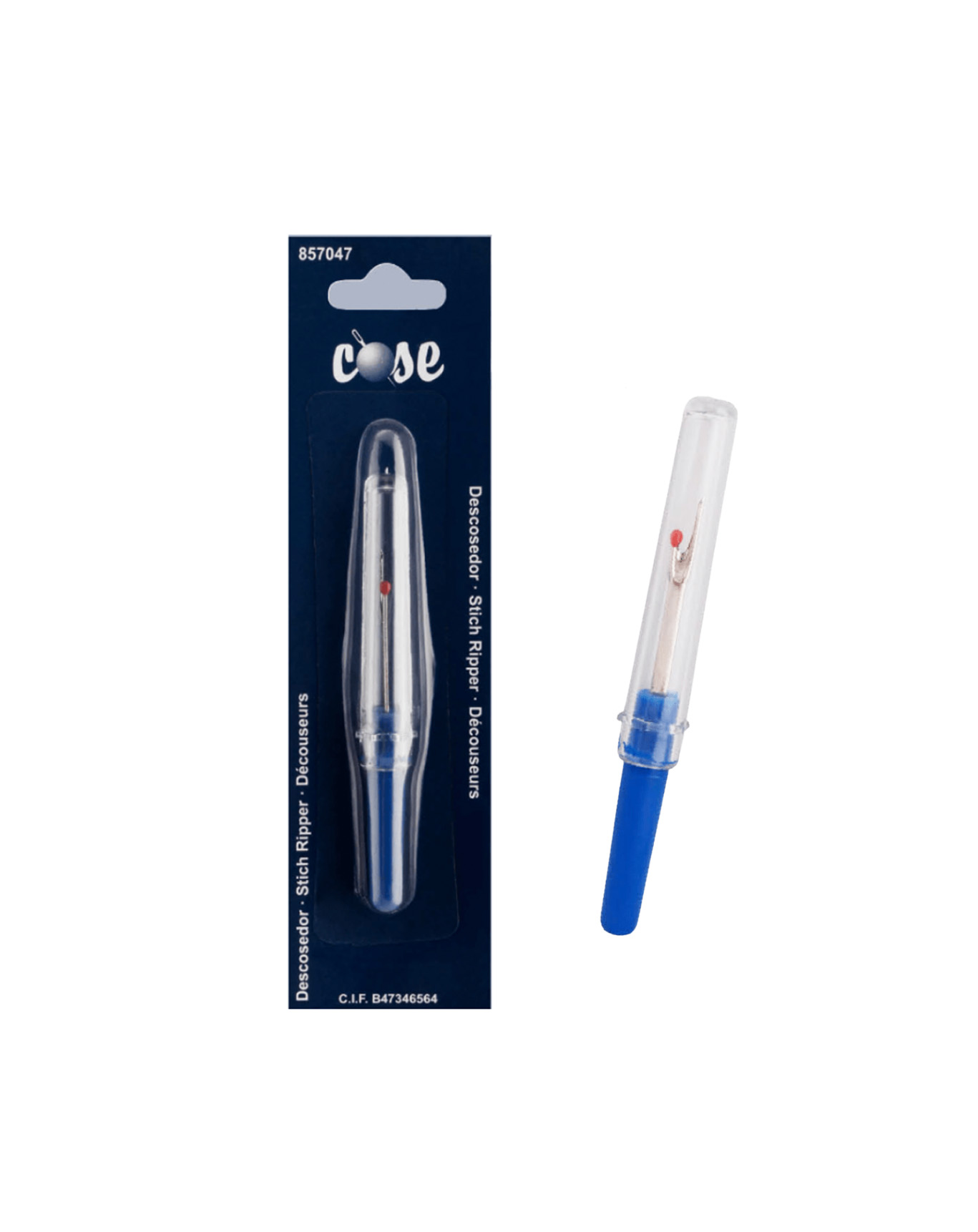 Descosedor com cabo azul e embalagem azul com texto