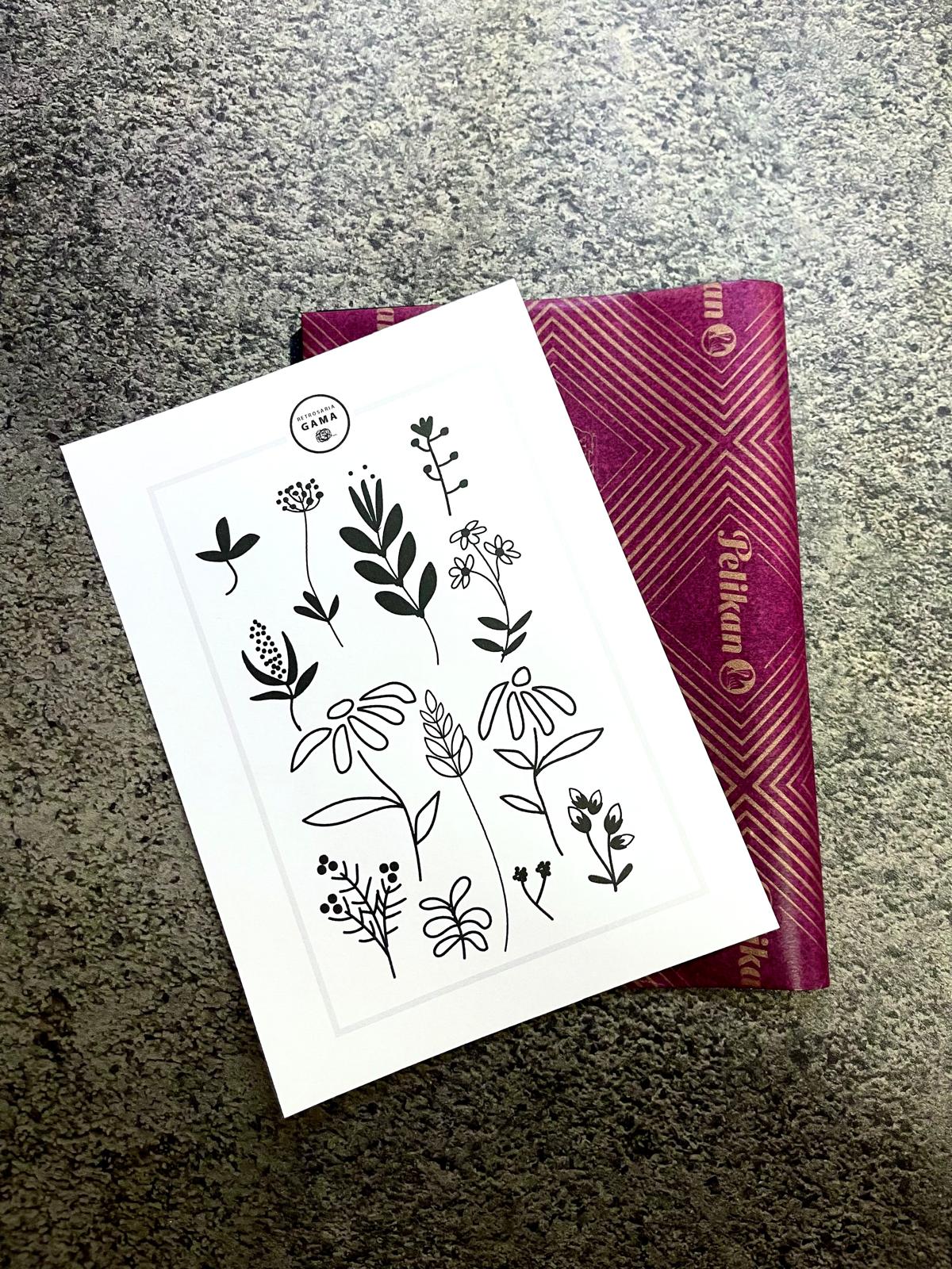 Folheto com desenhos de flores preto sobre papel branco em embalagem roxa Pelikan sobre superfície cinzenta.