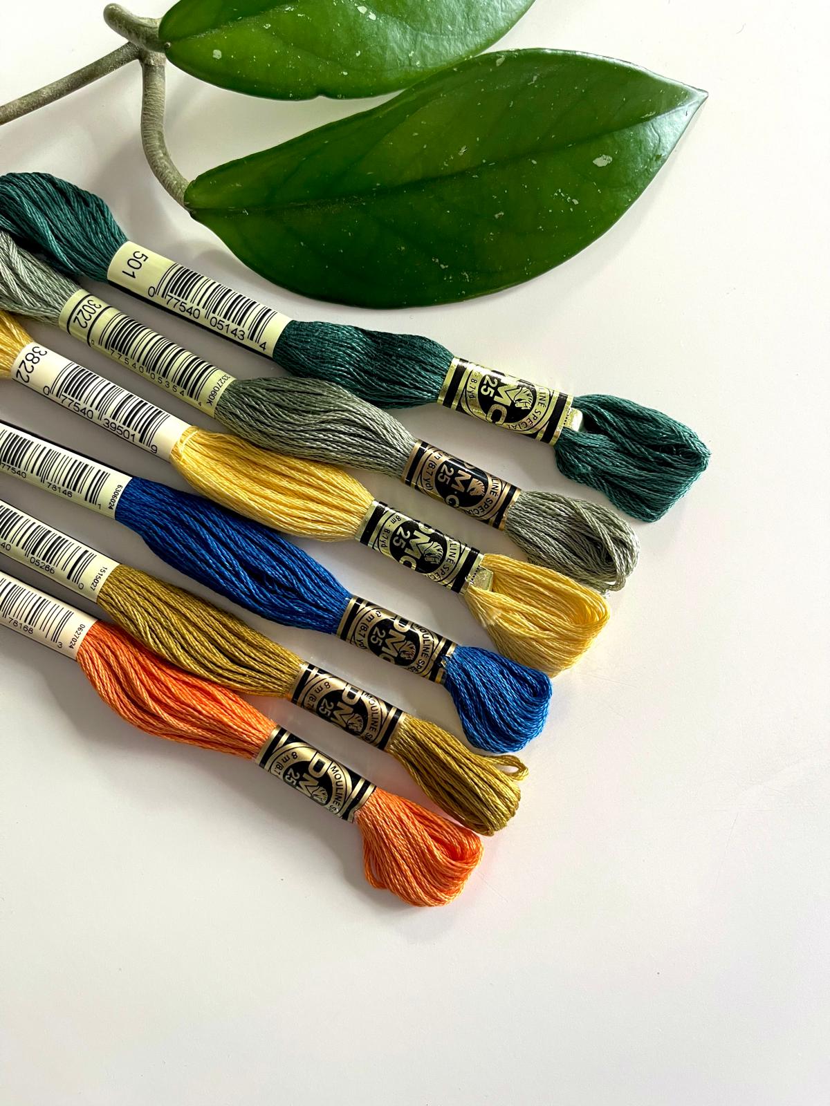 Novel de linha para bordado coloridos com etiquetas DMC junto a folhas verdes.