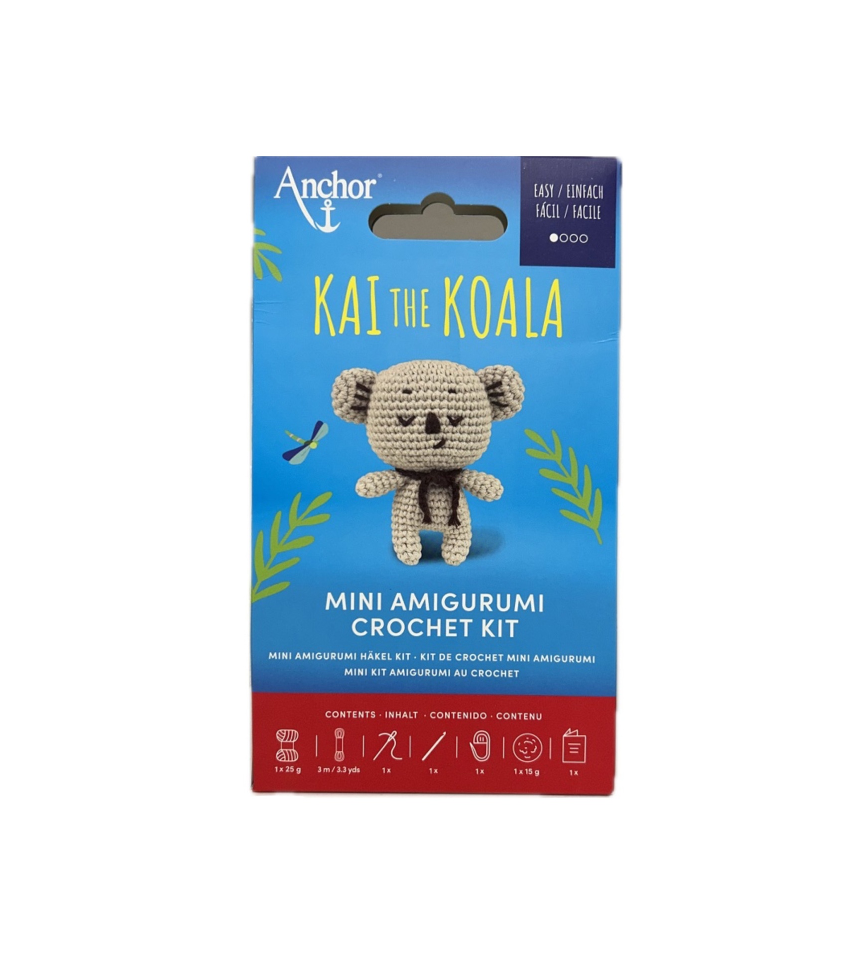 Kit de croché Mini Amigurumi Kai the Koala da Anchor em caixa azul e vermelha