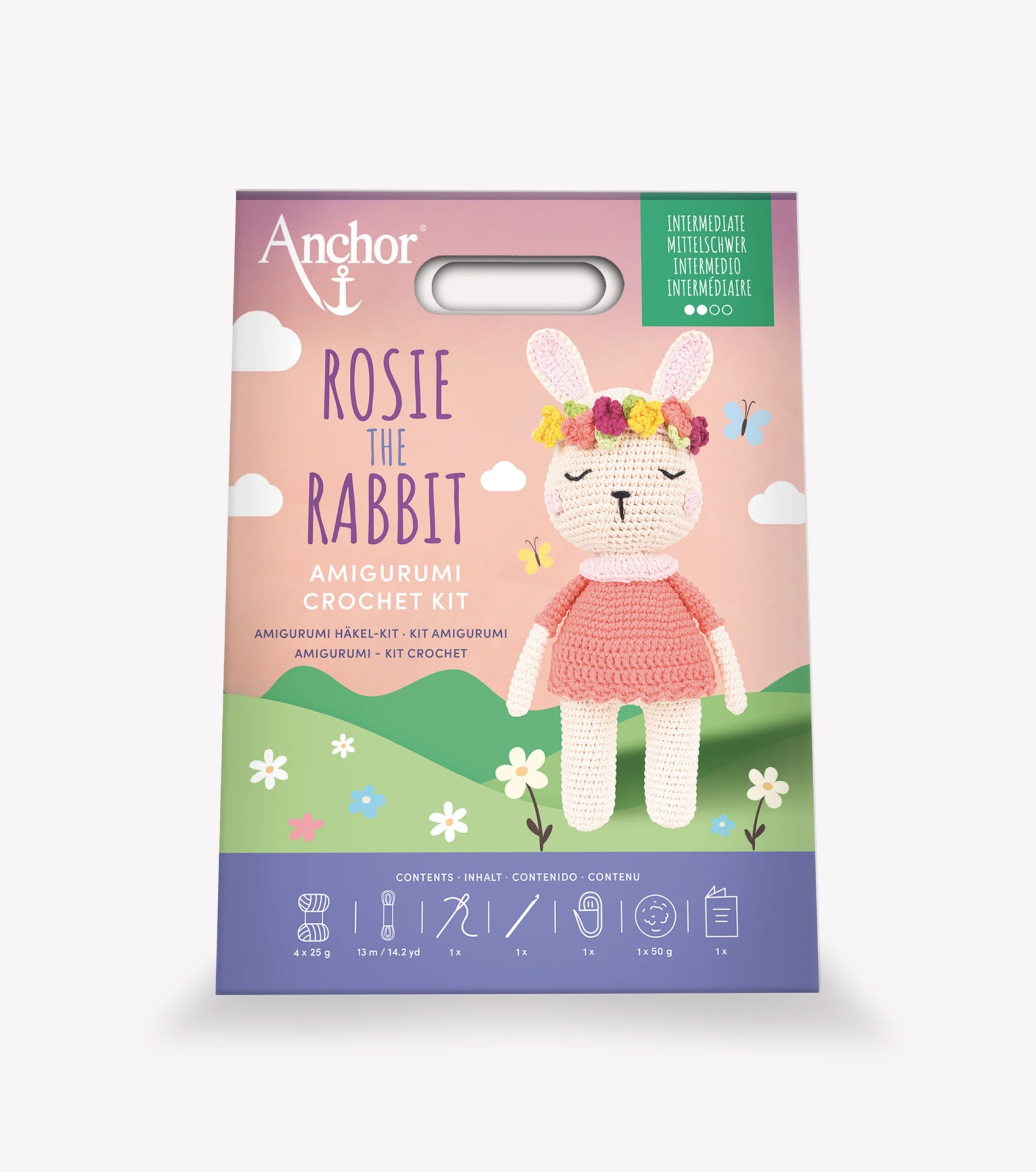 Kit de crochet Rosie the Rabbit da Anchor com coelho de croché e flores