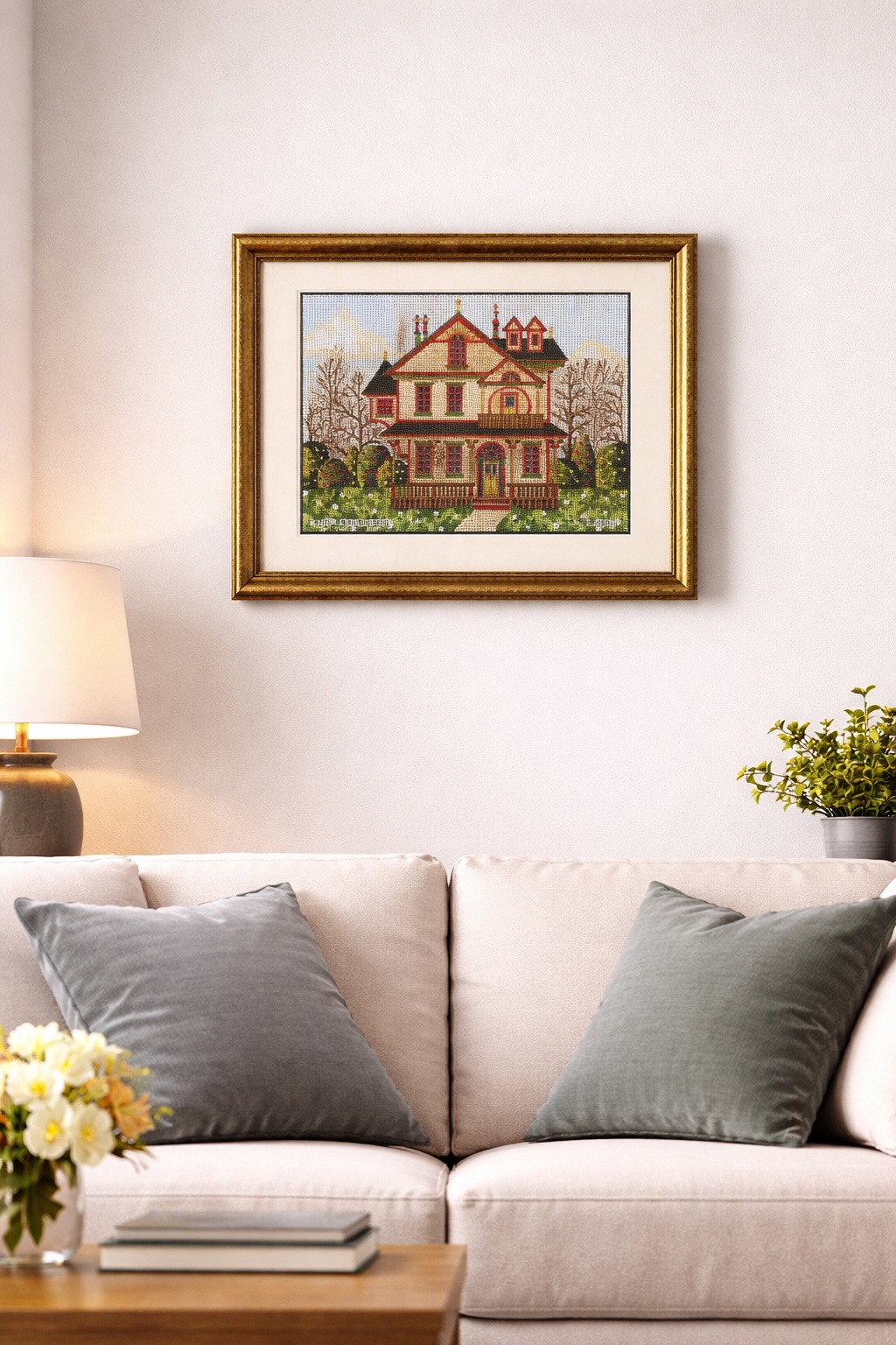 Tapeçaria de casa colorida numa moldura dourada pendurada numa parede branca acima de um sofá bege.
