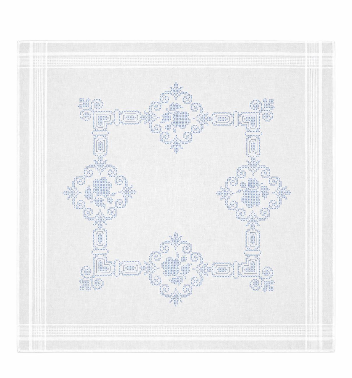 Guardanapo branco com bordado azul floral e geométrico