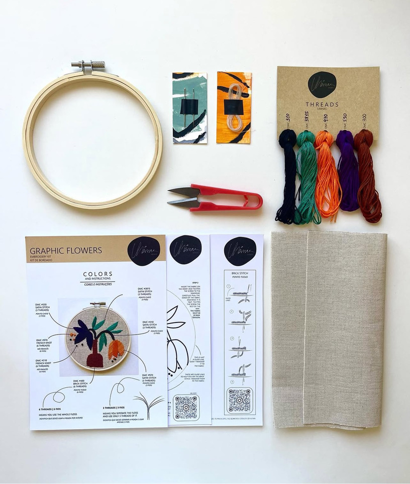 kit de bordado com fios coloridos, aros de madeira, tecido e instruções