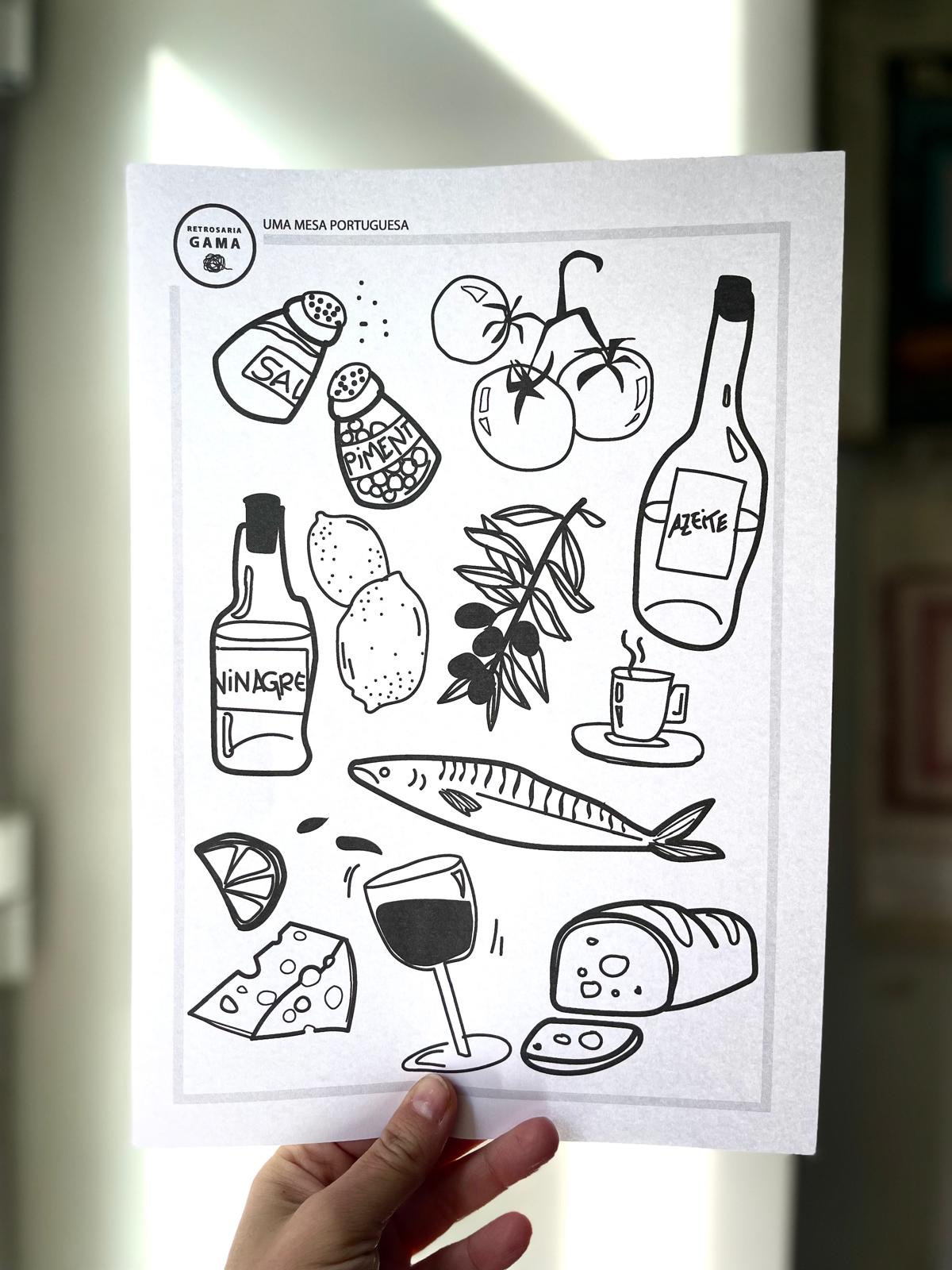 Desenhos a preto de ingredientes culinários num papel branco com texto UMA MESA PORTUGUESA