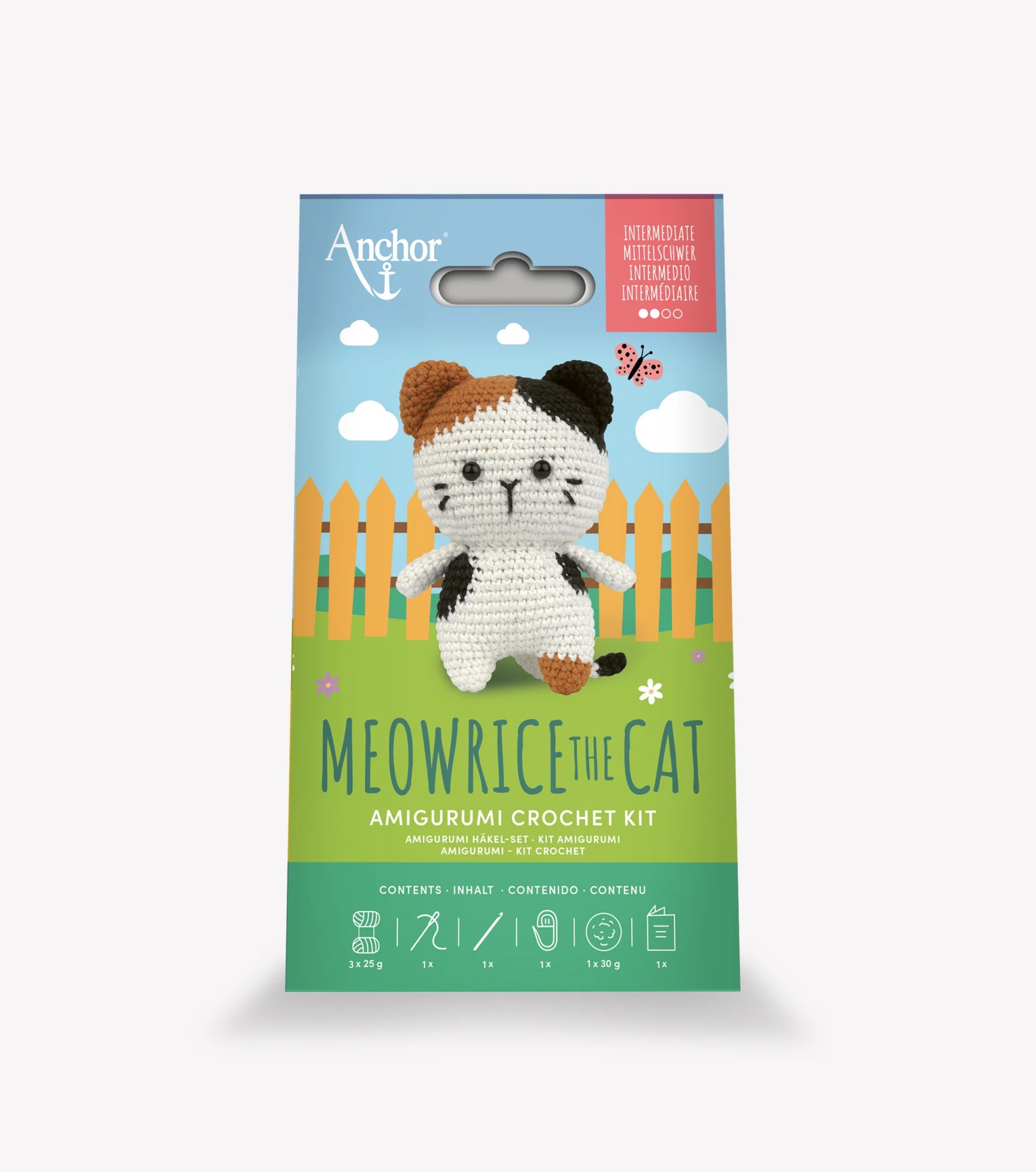 Kit de crochê amigurumi Meowrice the Cat da Anchor com figura de gato em fio branco, castanho e preto