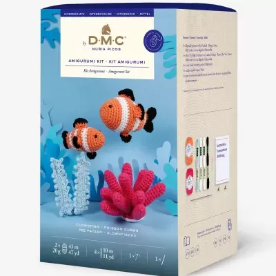 Kit Amigurumi DMC para peixes-palhaço com lã colorida e acessórios