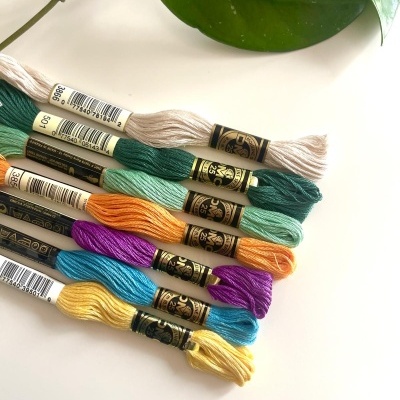 Novelos de linha mouliné coloridos sobre superfície branca com folhas verdes ao lado.