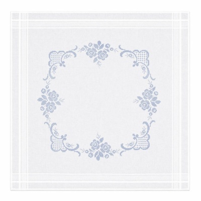 Guardanapo branco com bordado azul floral e padrão geométrico