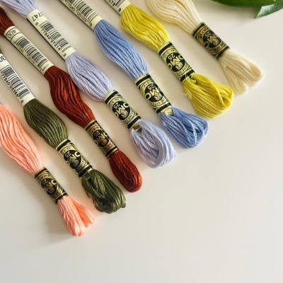 Novelos de linha de bordar DMC coloridos sobre superfície branca com folha verde.