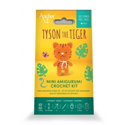 Pack mini amigurumi Tyson The Tiger kit de crochet amarelo e verde com imagem tigre crochê
