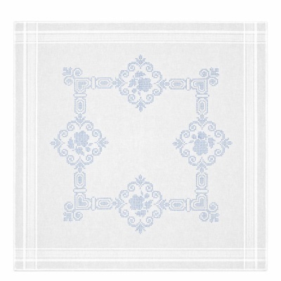 Guardanapo branco com bordado azul floral e geométrico